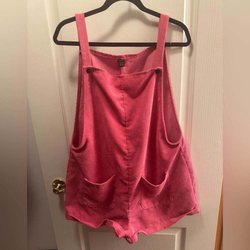 🔥 Pink Corduroy Overall Romper Shorts Cozy Cottagecore XL